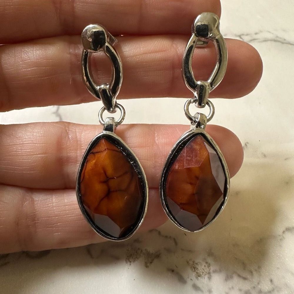 Brown and silver tone drop post earrings